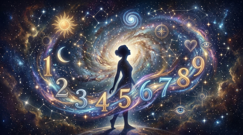 A cosmic scene featuring a woman's silhouette among stars, with a dynamic arc of glowing golden numbers 1 through 9, visually representing a numerology birth number chart and the influence of celestial bodies.