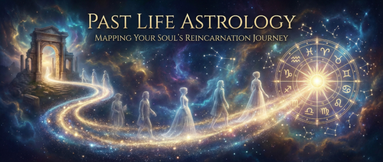 A mystical illustration of souls walking along a glowing path through the cosmos, representing the journey of reincarnation and past life astrology, with a golden zodiac wheel in the background.