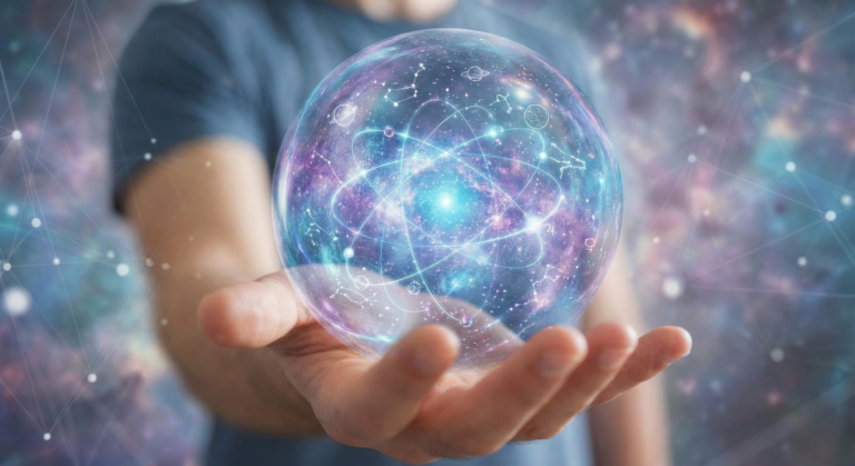 A mystical digital illustration representing Quantum Astrology, blending traditional zodiac symbols with swirling quantum particles and wave patterns to visualize the connection between energy and the stars.