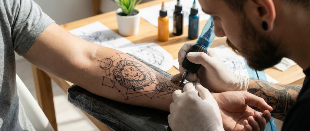 A tattoo artist inking a detailed Leo lion design on a forearm, illustrating the intricate style of realistic Zodiac Tattoos.