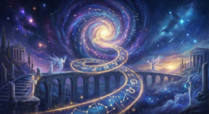 A mystical illustration of a glowing zodiac wheel spiraling into the cosmos, symbolizing the eternal spiritual cycle of zodiac signs and reincarnation and the soul's journey through the stars.