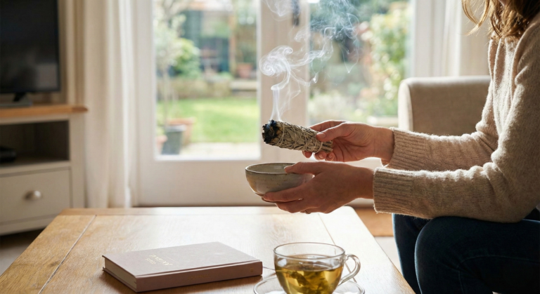 A realistic photo of a peaceful home setting featuring a cleansing ritual with sage and natural light to effectively remove negative energy from the space.