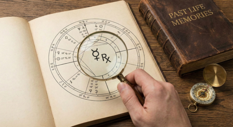Close-up of an astrological birth chart with a magnifying glass highlighting a retrograde symbol next to a book on memory, illustrating the connection between retrograde planets and past life karma.