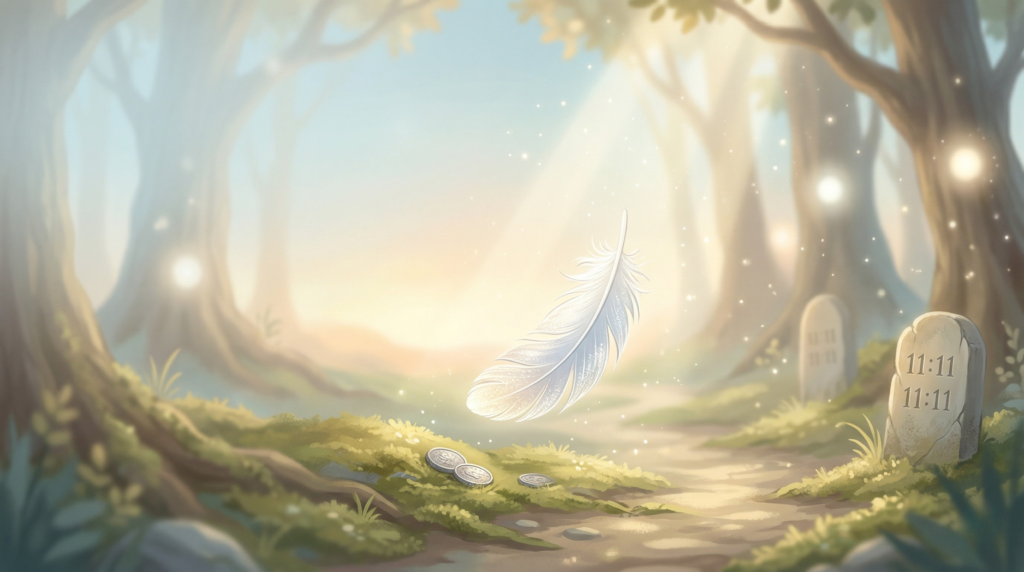 A sunlit forest path featuring a floating glowing white feather, scattered coins, and a stone carved with 11:11, illustrating common signs of a guardian angel.