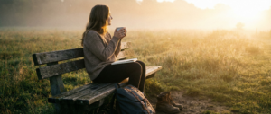 A woman sits on a bench at sunrise in a misty field, reflecting on her journey, illustrative of spiritual awakening symptoms.