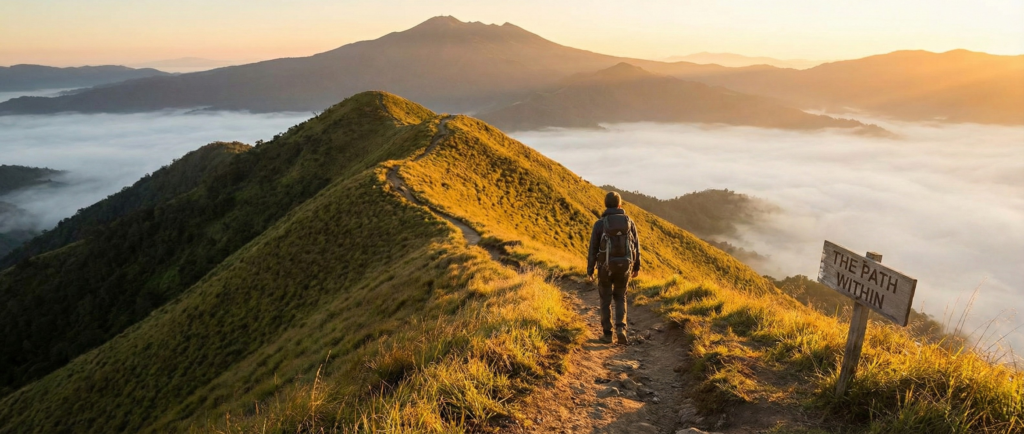 A lone hiker walks along a winding mountain ridge trail at sunrise, overlooking a sea of clouds, next to a wooden sign that reads "THE PATH WITHIN," representing a spiritual journey blog banner.