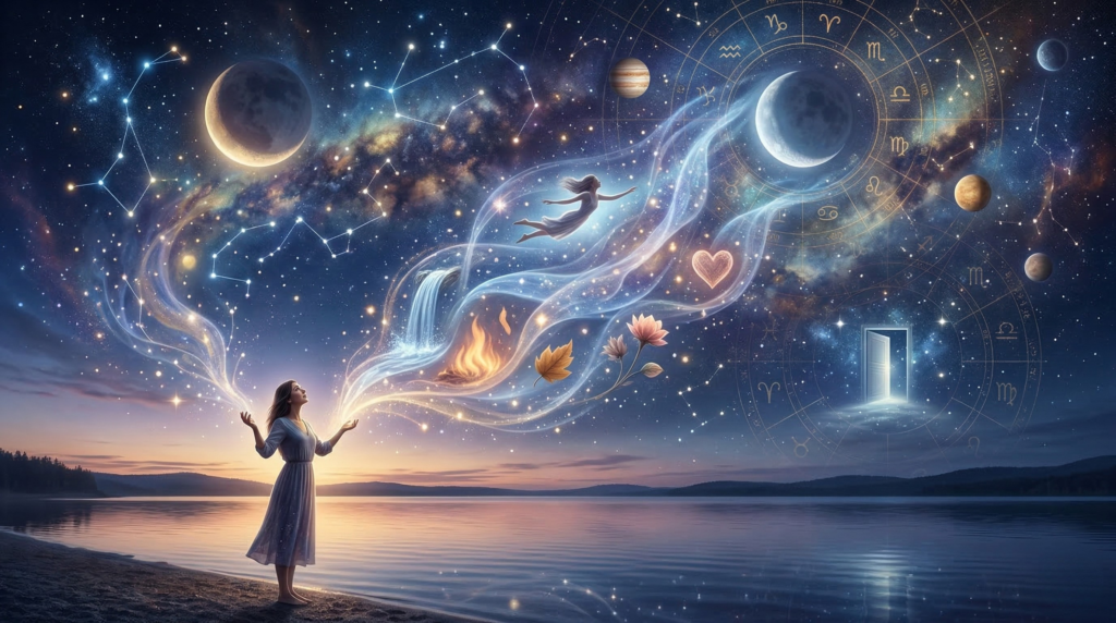 A mystical illustration of a woman standing on a shoreline at twilight, with a luminous stream of glowing dream symbols—including fire, water, leaves, a heart, and a floating figure—rising from her hands into a vast cosmic night sky filled with a detailed zodiac wheel, planets, and constellations, representing the spiritual meaning of dreams and their connection to the universe.