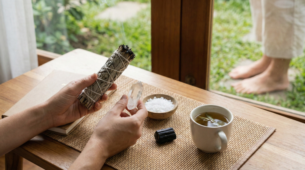 A person performing daily spiritual protection rituals using sage smudging, clear quartz, black tourmaline crystals, and sea salt while grounding barefoot outside.
