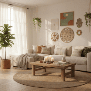 Sunlit modern boho living room with spiritual decor: Flower of Life wall art, Hamsa Hand symbol, amethyst crystal cluster, and indoor plants creating a cozy, mindful wellness space.