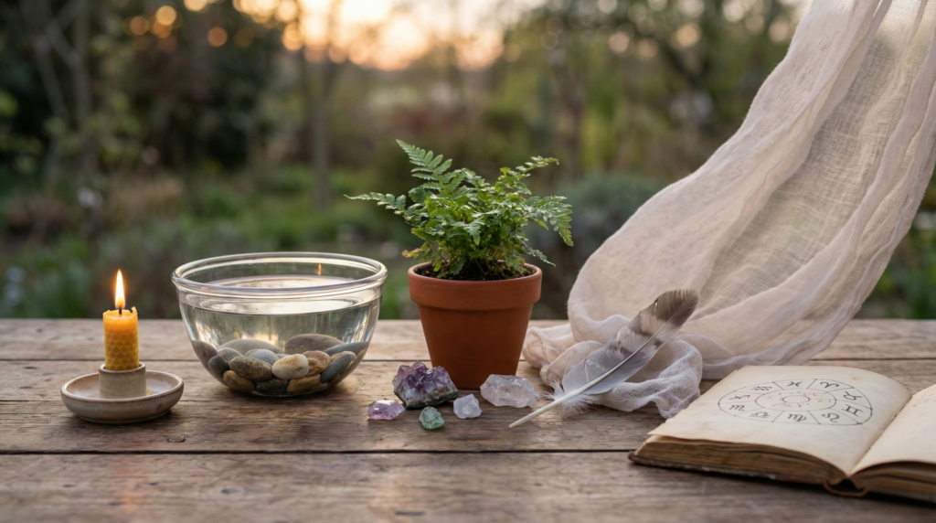 Wooden table displaying symbols representing the four elements in astrology—a candle for fire, water bowl, potted plant for earth, and a feather for air—next to an open zodiac book.