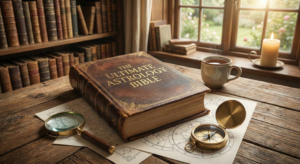 A thick, vintage leather-bound book titled "THE ULTIMATE ASTROLOGY BIBLE" resting on astrological charts on a wooden desk, surrounded by a magnifying glass, a brass compass, and a teacup near a sunlit window.