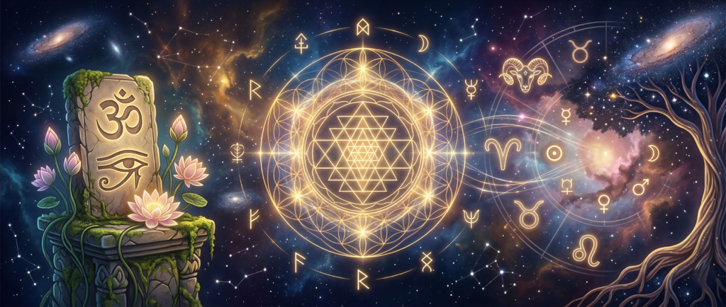 A deep space conceptual illustration depicting ancient Sacred Symbols deployed like cosmic threads. A grand, shifting composite structure of interlocking patterns, including an Om (ॐ) glyph and Eye of Horus on the left, and an Astrological Zodiac wheel on the right, all connected by glowing light trails against nebulae and galaxies.