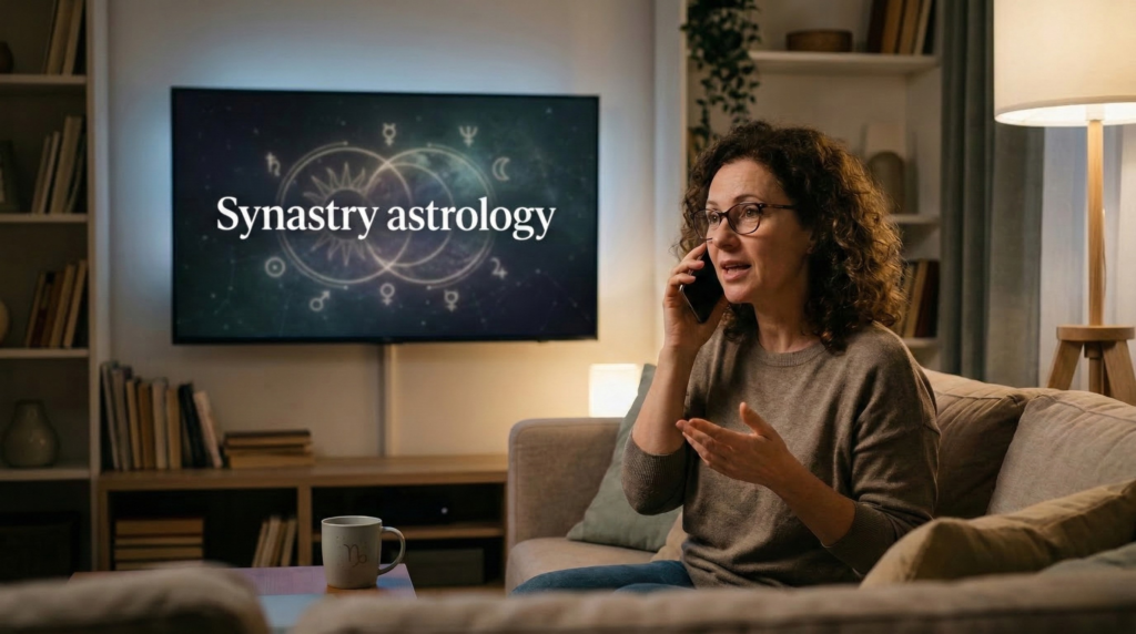 A woman with curly hair and glasses sits on a couch talking on her phone, with a TV screen in the background prominently displaying the text "Synastry astrology" and a glowing celestial chart.