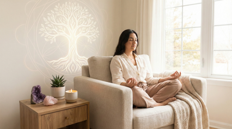 A woman in a meditative pose in a peaceful room, with a large glowing Tree of Life within sacred geometry symbols on the wall behind her, next to crystals and a candle.
