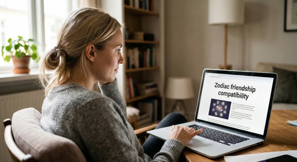 A blonde woman sits at a wooden table in her home office, looking intently at her laptop screen which prominently displays a web page with the text 'Zodiac friendship compatibility' and an illustrated chart of zodiac signs.