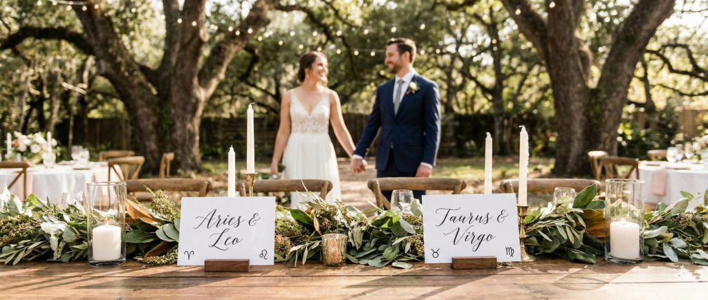 A beautifully decorated outdoor wedding table displaying signs for Aries and Leo, and Taurus and Virgo to represent zodiac marriage compatibility, with a blurred bride and groom holding hands in the background.