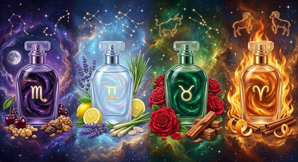 Four mystical zodiac perfume bottles representing Scorpio, Gemini, Taurus, and Aries, with glowing astrological symbols floating inside the fragrant liquid against a starry cosmic background.