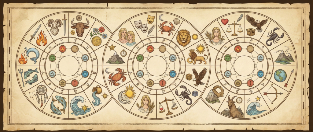 A vintage parchment banner illustrating three interconnected astrology wheels filled with planetary symbols, elements, and animal illustrations to explain different zodiac sign meanings.