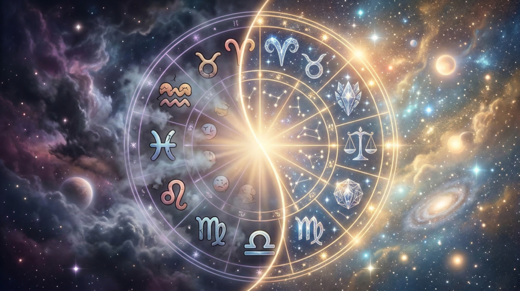 A glowing zodiac wheel split between a mystical dark sky and bright starlight, illustrating the contrast between common zodiac sign stereotypes and true astrological reality.