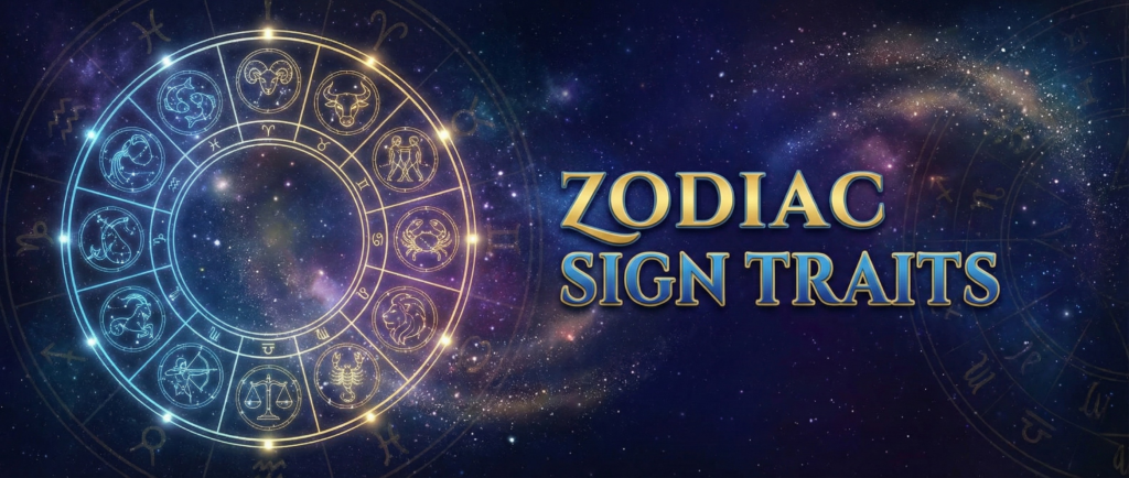 A cosmic banner image featuring a glowing astrology wheel against a starry galaxy background with the text "Zodiac Sign Traits."