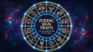 A glowing blue and gold astrological wheel against a galaxy background, prominently displaying the text "ZODIAC SIGN TRAITS: The Complete Guide to All 12 Signs" surrounded by the symbols for Aries through Pisces.