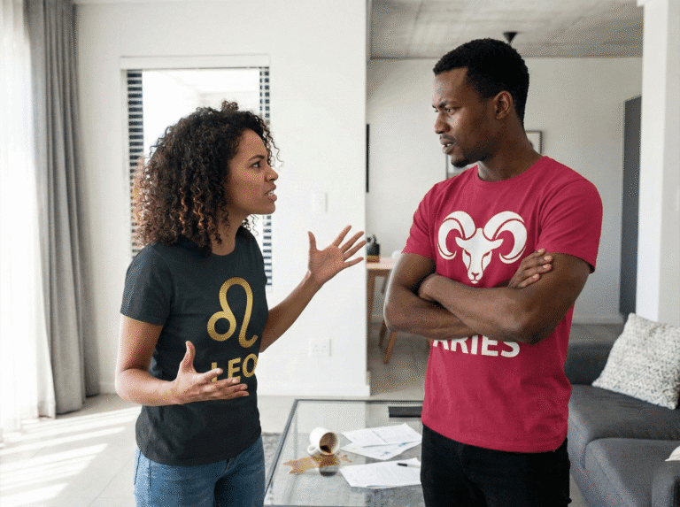 A realistic photo of a couple arguing while wearing zodiac t-shirts, illustrating the intense challenges and power struggles often found in Leo and Aries compatibility.