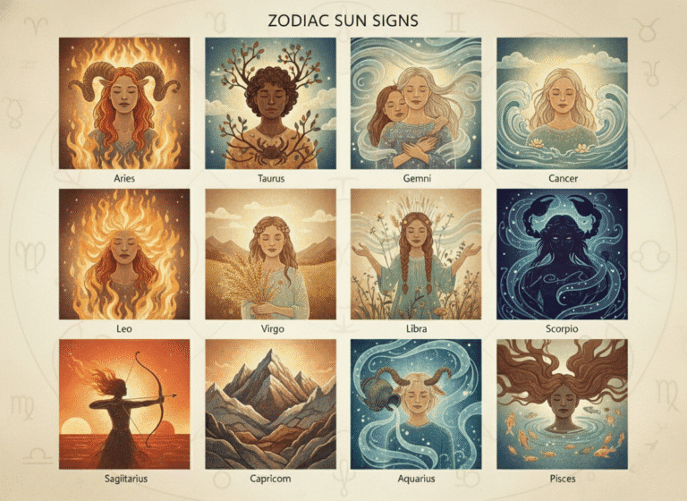 A digital illustration showing all 12 signs and what each sun sign means.