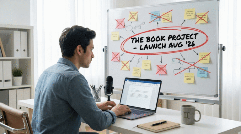 A realistic photo of a professional at a desk with a whiteboard highlighting a single "Book Project," illustrating the career specialization and elimination of distractions forecast in the Gemini 2026 Horoscope.