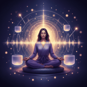 A serene spiritual scene featuring a woman meditating in a dimly lit space, surrounded by glowing sound waves and soft golden light, symbolizing harmony through sound and frequency healing. Crystal singing bowls, tuning forks, and gentle luminous energy orbs float around her in an ethereal and balanced atmosphere with deep indigo, violet, and soft gold tones.