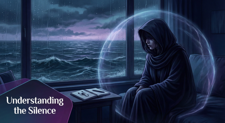 An illustration of a cloaked, solitary figure inside a glowing orb, sitting by a stormy window with a scorpion drawing in a notebook, visually representing the concept of the Scorpio silent treatment.