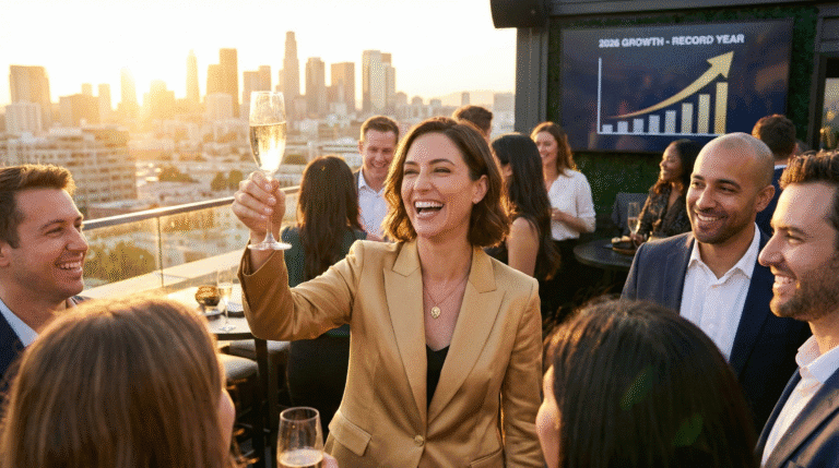 A realistic photo of a confident woman in a gold blazer raising a champagne toast on a rooftop bar, with a screen showing record growth in the background, illustrating the career success and celebration predicted in the Leo 2026 Horoscope.