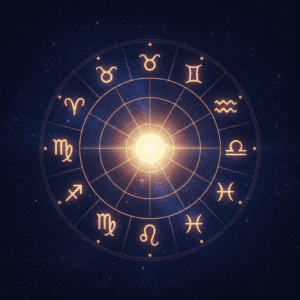 Zodiac wheel with twelve sun signs illuminated under a starry sky