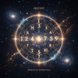 A luminous, intricate numerology chart set against a dark, star-filled cosmic background with golden light. The chart features a central glowing design where letters are transforming into numbers, encircled by mystical symbols. Below the chart, the words 'DESTINY' and 'SPIRITUAL POTENTIAL' are displayed, emphasizing the destiny number meaning and significance in uncovering one's life path.