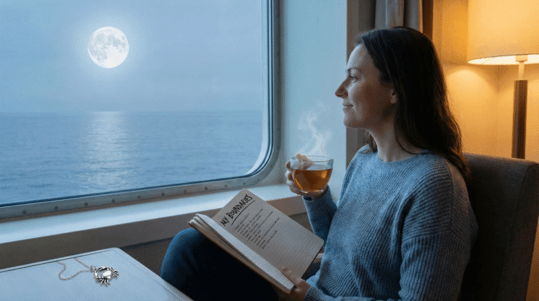 A realistic photo of a woman peacefully journaling about "My Boundaries" while looking at the moonlit ocean, illustrating the emotional self-care predicted in the Cancer 2026 Horoscope.