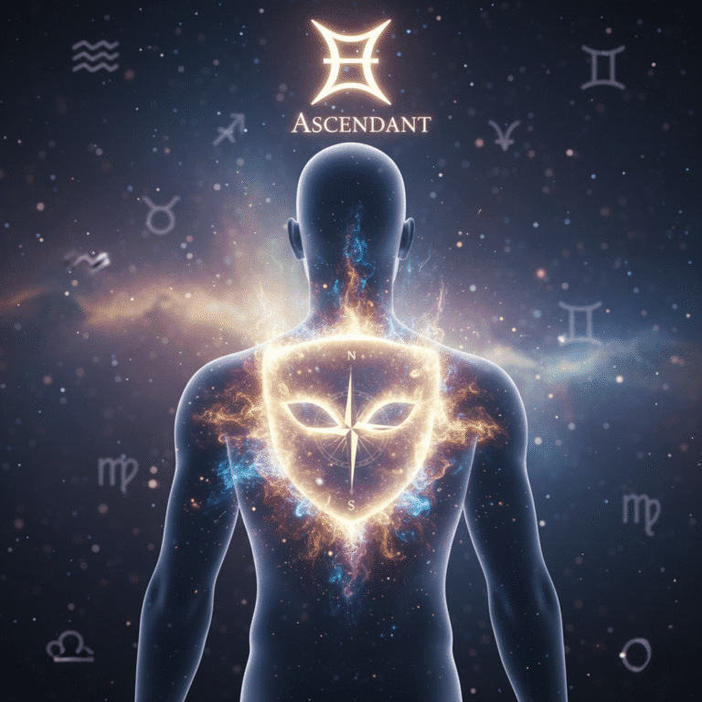 Artistic illustration of a person gazing into a mirror surrounded by glowing zodiac symbols, visualizing the rising sign meaning as the astrological mask and first impression shown to the world