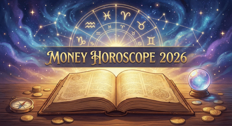 Digital representation of 2026 money horoscope :An open book on a wooden table surrounded by gold coins, a compass, and a glowing crystal ball. The background features a cosmic sky with a bright zodiac wheel, and the text Money Horoscope 2026 is displayed in elegant gold lettering.