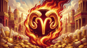 A digital illustration of a glowing golden Ram symbol surrounded by floating coins and stars, representing the wealth and 'Empire Year' theme of the Aries 2026 Horoscope.