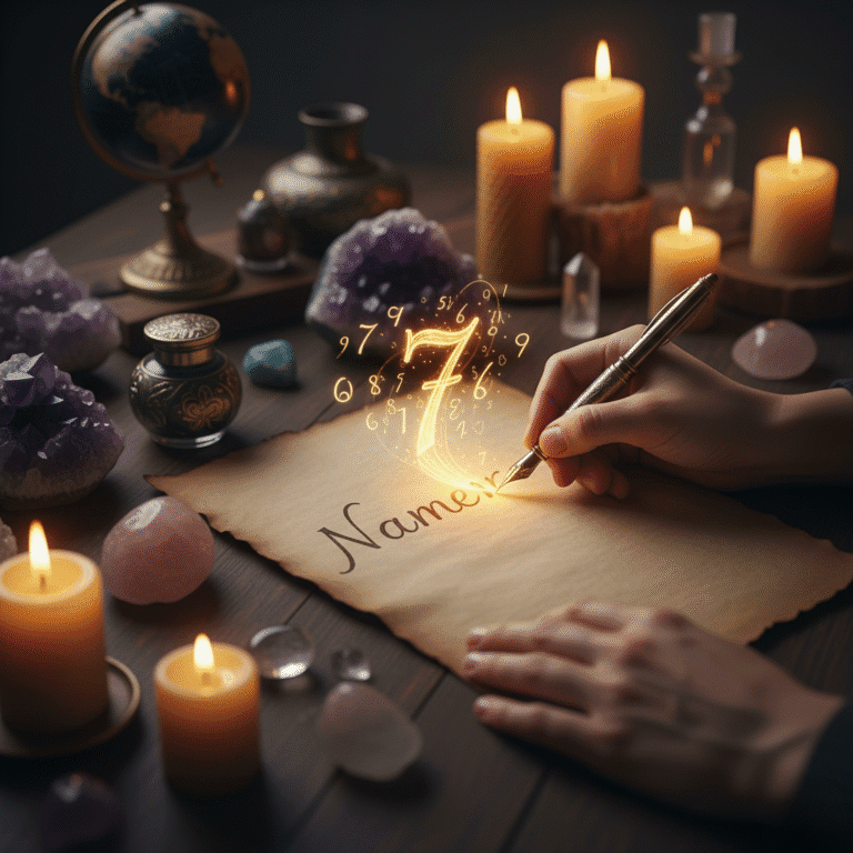 A close-up view of a person's hands writing a name on aged parchment with a golden pen. As they write, a glowing trail of light emerges from the pen, forming illuminated numbers and swirling around the central '7', symbolizing the discovery of one's destiny number meaning and significance. The scene is set on a wooden table, surrounded by lit candles, various crystals, and a small globe, creating a mystical and contemplative atmosphere.