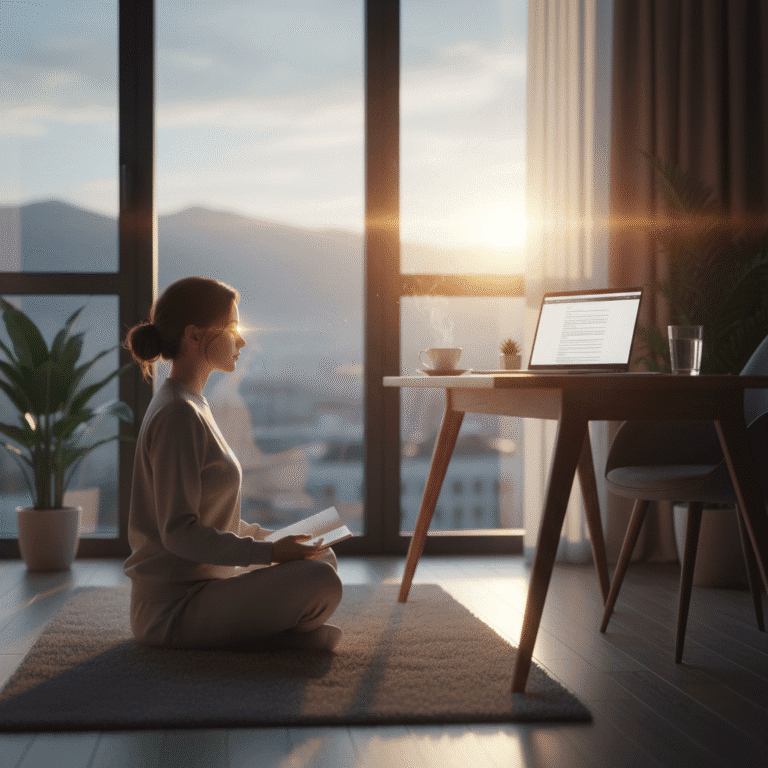 Woman practicing mindfulness by a window with the morning sun, illustrating Rising Sun Alignment for productivity.