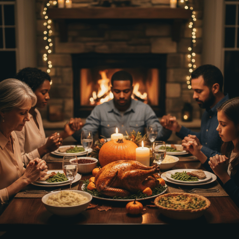 A realistic image of an intergenerational family holding hands and bowing their heads around a large wooden table set for the holiday feast, expressing gratitude before their Thanksgiving 2025 meal.