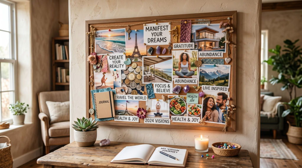 A beautifully arranged corkboard on a wooden desk, serving as an example of manifestation vision boards, featuring inspiring images of travel, abundance, health, and positive affirmations, alongside an open journal and a lit candle.
