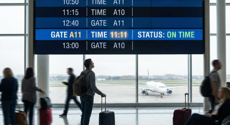 A traveler checks an airport departure board displaying the prominent 11:11 time slot, illustrating how angel numbers meanings appear in everyday situations.