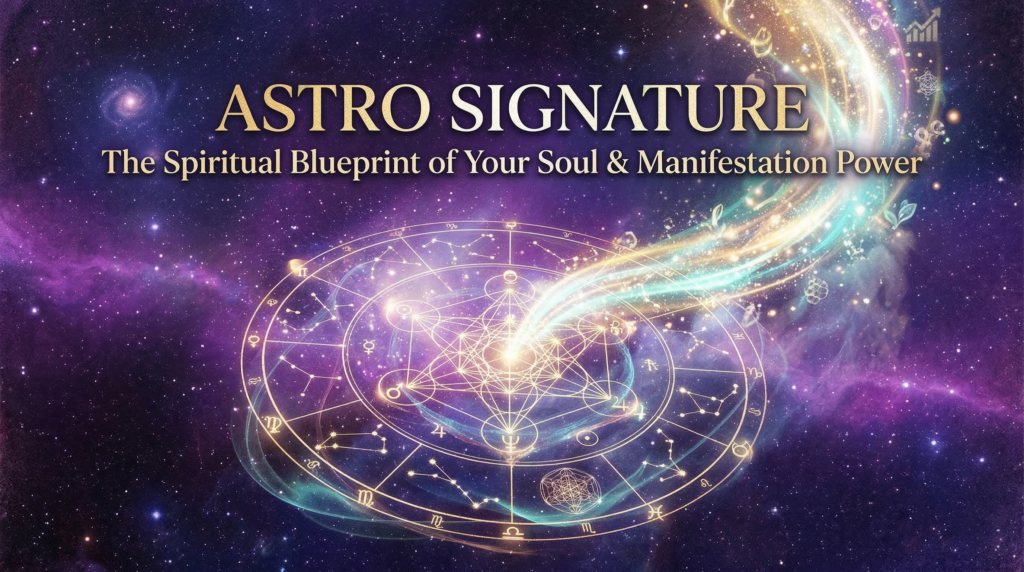 Astro signature representing the spiritual blueprint of your soul and manifestation power, featuring a glowing astrological wheel in a purple galaxy.