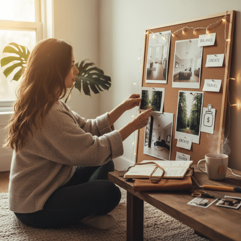 Close-up of a person journaling next to a completed manifestation vision board, symbolizing the inner work necessary for authentic manifestation.