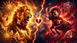 Vertical astrology graphic about Leo and Aries compatibility featuring a Lion and Ram symbol with text explaining why this Fire sign match often fails.
