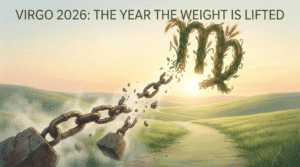 A conceptual illustration for the Virgo 2026 Horoscope, showing the Virgo zodiac symbol made of vines breaking free from heavy iron chains and stone weights against a sunlit landscape, symbolizing the year the burden is lifted.