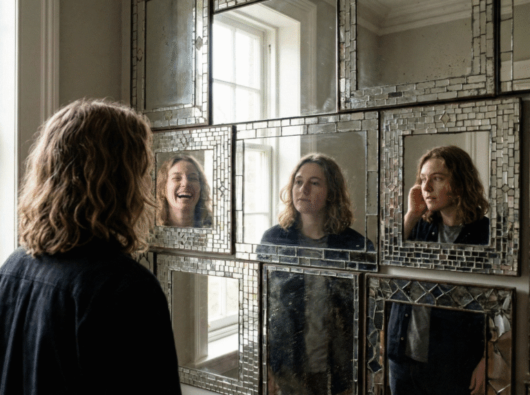 A person looking into a wall of multiple mirrors showing different expressions, illustrating the complex adaptability behind the Gemini two-faced myth.