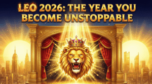 A regal illustration for the Leo 2026 Horoscope, featuring a crowned golden lion roaring under a massive spotlight on an opulent stage, symbolizing the "Main Character Energy" and unstoppable success of the year.