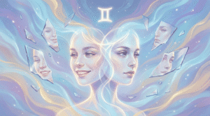 A cosmic illustration of the Gemini twins with overlapping, glowing faces surrounded by mirror fragments, representing the misunderstanding of the Gemini two-faced stereotype.