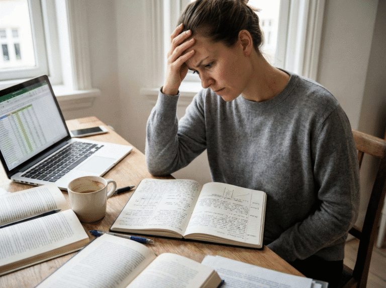 A realistic photo of a woman looking overwhelmed and stressed at a desk covered in notebooks and data, illustrating the mental exhaustion of Virgo overthinking and anxiety.